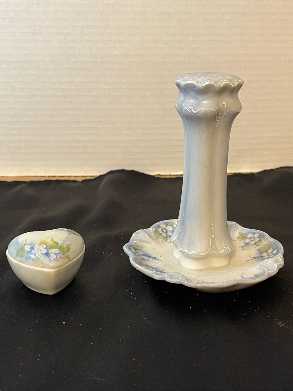 Vintage Porcelain Blue Floral Hat Pin Holder and Trinket Box Set